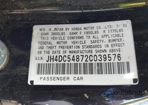 2002 Acura Rsx из США, поврежденный, VIN JH4DC54872C039576